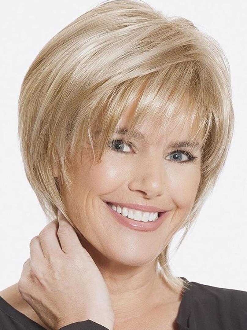 SEVENCOLORS Short Blonde Wigs for Women Pixie Cut Wigs with Bangs Straight Layered Short Hair Wigs Natural Looking Synthetic Light Blond Wigs