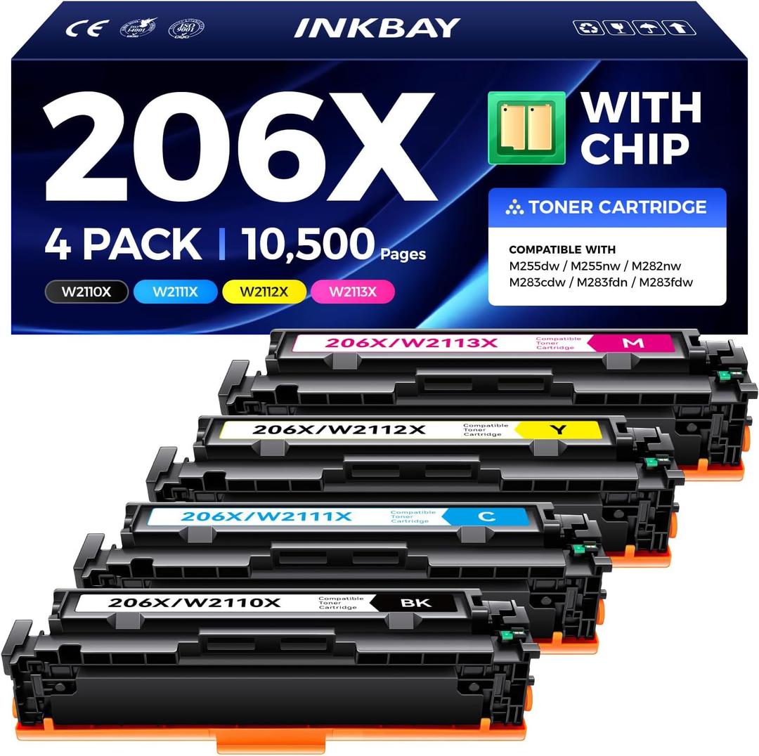 206X Toner Cartridges for HP MFP M283fdw M283cdw M255dw, 206A Compatible Toner Replacement Set for HP Color LaserJet Pro MFP M283 M283fdn M255nw M282nw Printer, 4 Pack High Yield (with Chip-BCYM)