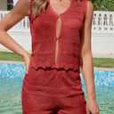 Tankaneo Womens 2 Piece Crochet Short Sets Summer V Neck Vest Tank Tops Cover Up Beach Mini Short Outfits Vacation Sets (Red) L