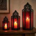 VELA LANTERNS Set of 3 Red Glass & Black Metal Moroccan Candle Lantern Holders (XL, Large, Small) - Decorative Indoor/Outdoor Decor for Patio, Floor, Weddings & Ramadan