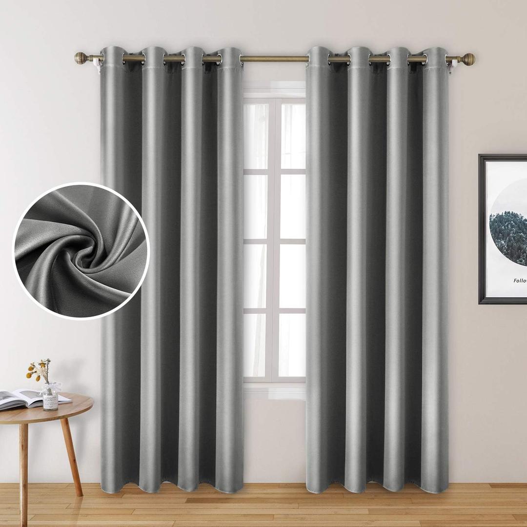 HOMEIDEAS 2 Panels Silver Grey Faux Silk Blackout Curtains, 52 X 96 Inch Room Darkening Satin Thermal Insulated Window Drapes for Bedroom, Indoor HOMEIDEAS 2 Panels Silver Grey Faux Silk Blackout Curtains, 52 X 96 Inch Room Darkening Satin Thermal Insulated Window Drapes for Bedroom, Indoor