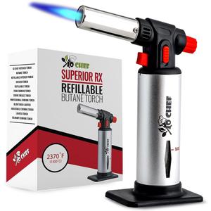 Jo Chef Butane Torch Lighter, Cooking Torch - Refillable Adjustable Flame Lighter with Safety Lock for BBQ, Baking, Brulee Creme, DIY + FREE Recipe eBook (Silver)