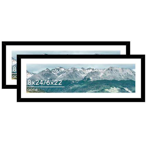 QOTIB Wood 8x24 Picture Frame with 6x22 Mat, Display 6x22 with Mat or 8x24 Without Mat, Wood 8 by 24 Photo Frame, 8 x 24 Frame for Wall Hanging Display, Black, 2 Pack