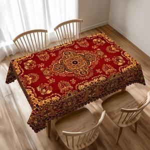 Red Gold Boho Rectangle Table Cloth for Dining Tables, Reusable Red Persian Tablecloths Bohemian Vintage Retro Tabletop Decor Tribal Table Cover for Kitchen,Picnic,Party,54x72Inch