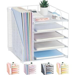 Desk Organizers and Accessories, 5-Tier Paper Letter Tray Organizer with File Holder, Desktop Organizer for Office Supplies, Office Desk Accessories & Workspace (White) (12" x 12" x 12")