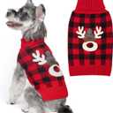 KYEESE Dog Christmas Sweater with Reindeer Pattern, Cozy Holiday Outfit, Turtleneck Dog Sweater with Leash Hole, Red Buffalo Plaid Knitwear, Soft Warm Festival Dogs Clothes, (Large (11-19lbs))