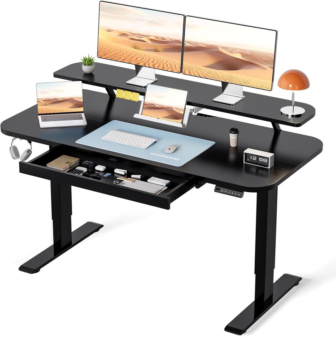COMHOMA Electric Standing Desk with Drawers, 48 x 24'' Sit Stand up Desk with Monitor Stand, Laptop Stand, Height Adjustable Ergonomic Home Office Computer Desk with Memory Preset Controller (Black)