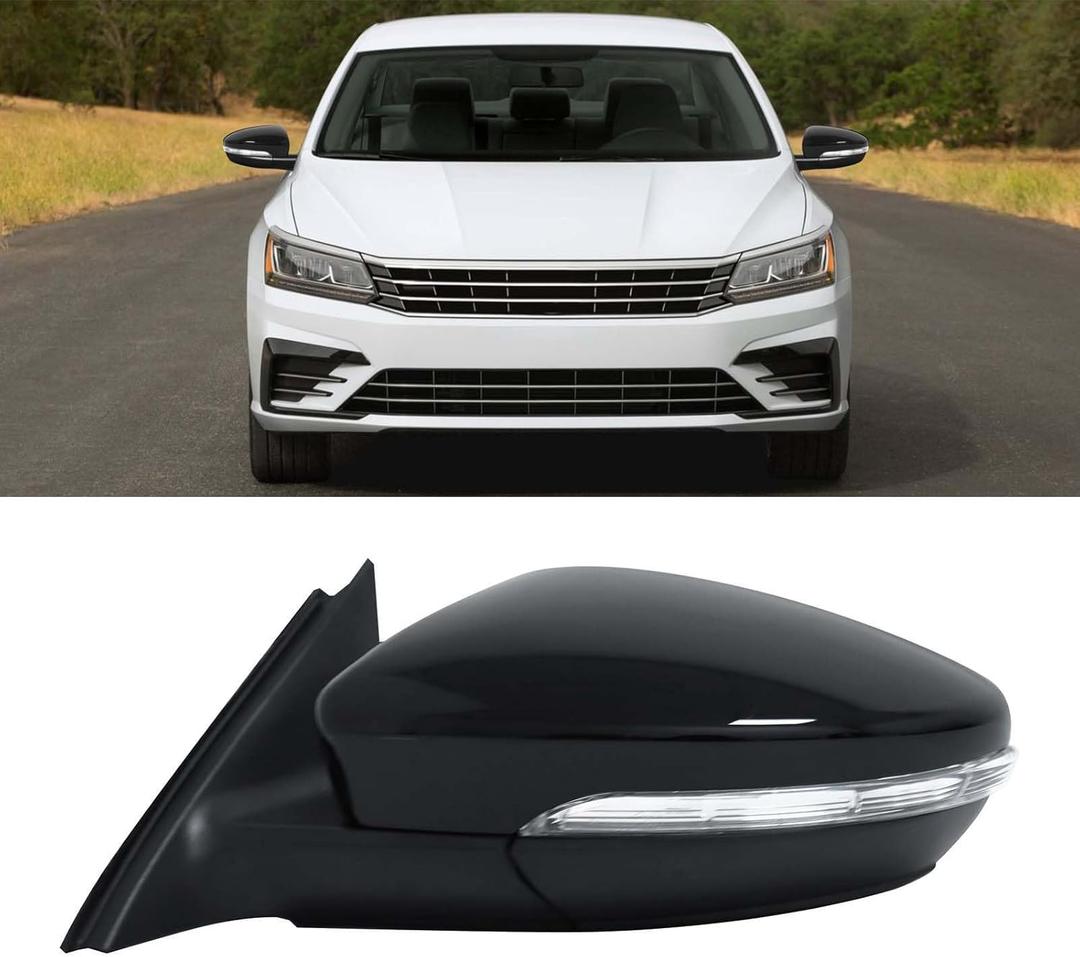 Left Driver Side Mirror Fit for Volkswagen Passat 2016-2020, Glossy Black Door Mirror with Turn Signal Heated Power Glass (6 Pins)