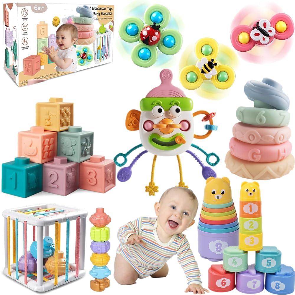 ELLECK Baby Toys 6-12 Months, Montessori Toys for Toddlers 1-3 Year Old, Busy Cube Teether Infants Bath 6 in 1 Stacking Blocks Rings, Suction Cup Spinner, Shape Bin Sensory (0035)