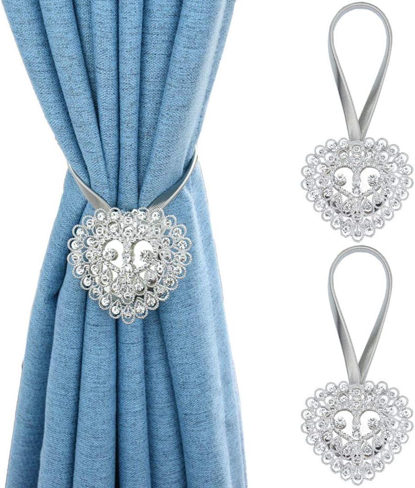 Mikomer 2PCS Magnetic Curtain Tiebacks Crystal Heart Shape Window Curtain Holdbacks Buckles Tie Backs Holders with Stretchable Wire Rope for Home and Office Decoration,Silver