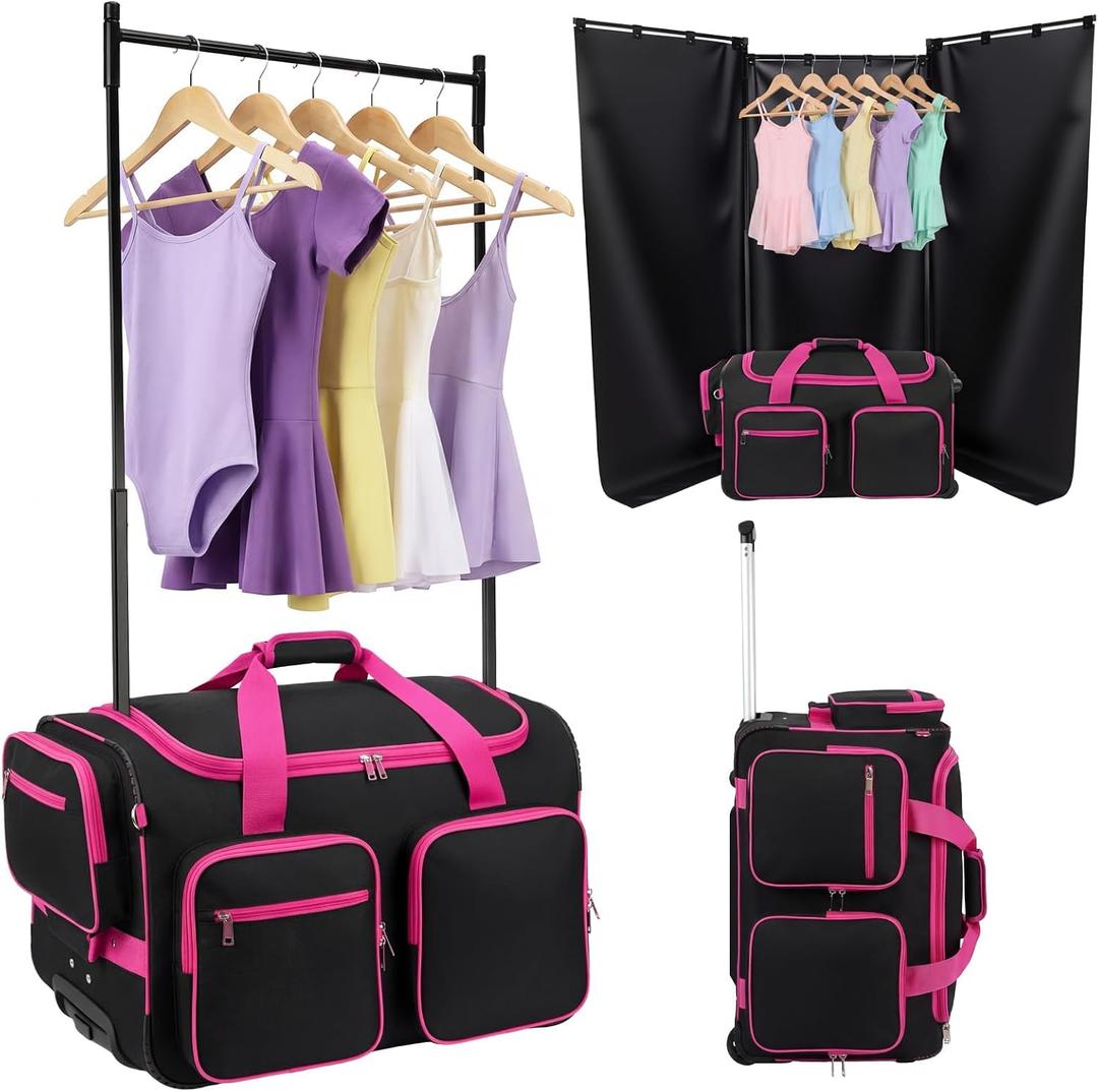 Dance Bag with Garment Rack and Curtain, 23'' Dance Competition Bag with Garment Rack & Wheels, Rolling Dance Bag for Girls, Suitcase for Dancer Cheerleader Little Princess(Black)