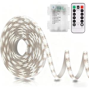 echosari Battery Operated Led Strip Lights White with Remote, 8 Modes, Dimmable, Timer, Self-Adhesive, Cuttable, for PC TV Kitchen Cabinet Shelves Bedroom Decor (3m 90LED)