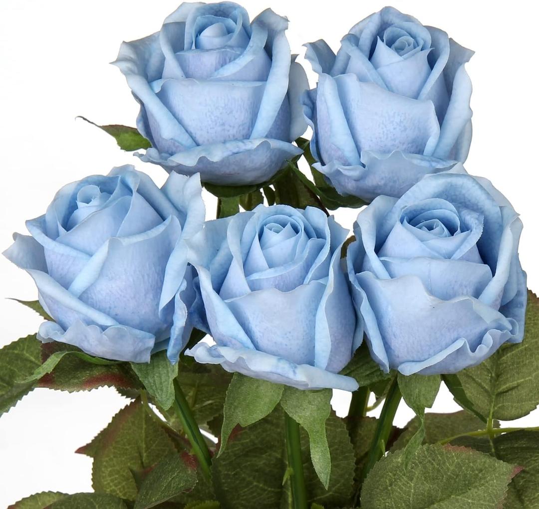 Artificial Realistic Roses Blue Flowers 24" Real Touch Silk Roses Bouquet Long Stems Rose for Flower Arrangement Fake Roses Decor for Home Party Wedding Table Centerpieces Roses Realistic - 5 Pcs