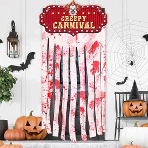 Halloween Bloody Doorway Curtain Creepy Carnival Decorations with Bloody Hand Prints Scary Clown Halloween Entrance Cloth Banner for haunted house Decor Horror Theme Party Circus Clown Back drop (Red)