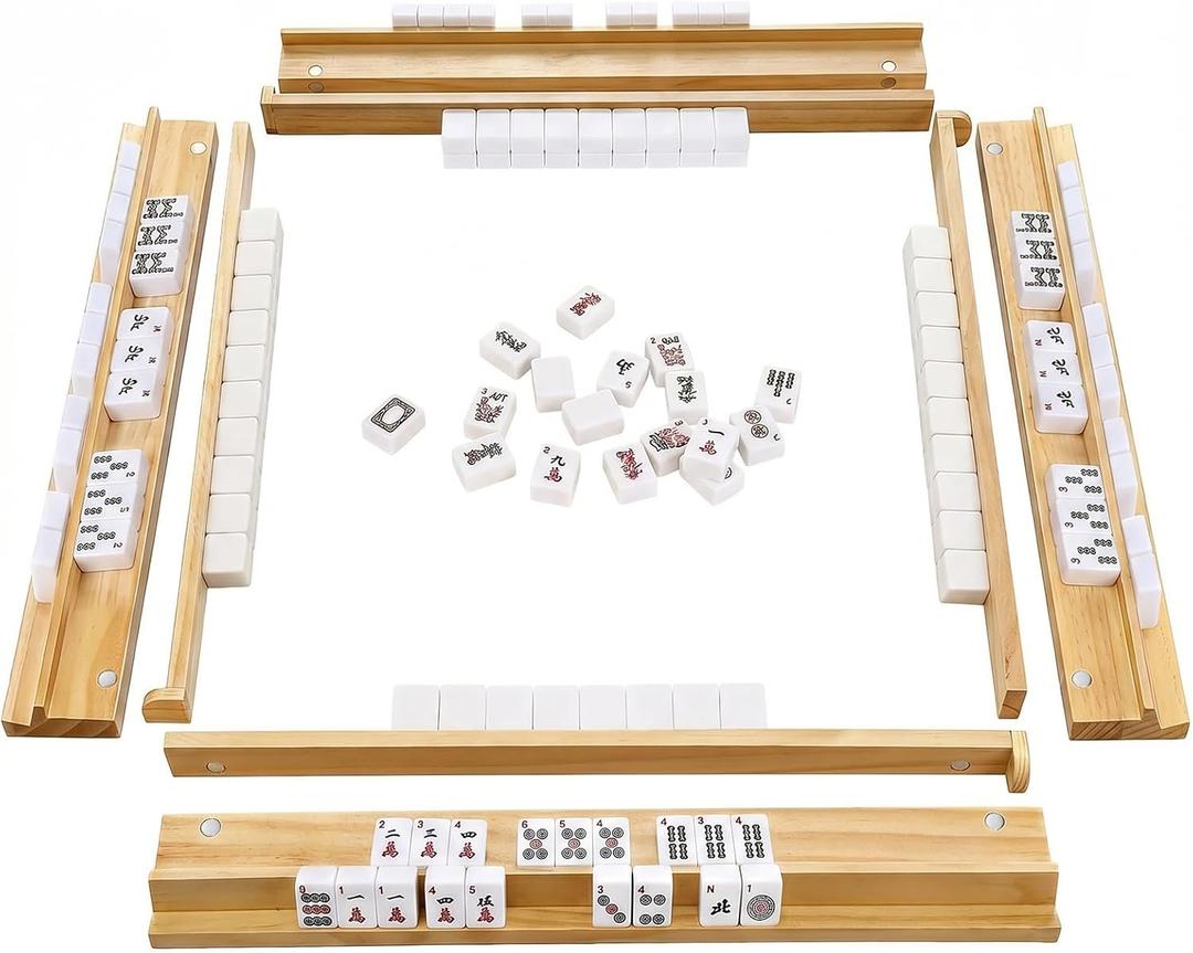 American Mahjong Racks and Pushers Set of 4, 17.7" Wooden Tile Holders | Natural timber NMJL game accessories with integrated strong magnets. Smooth trays for tabletop board party sessions.