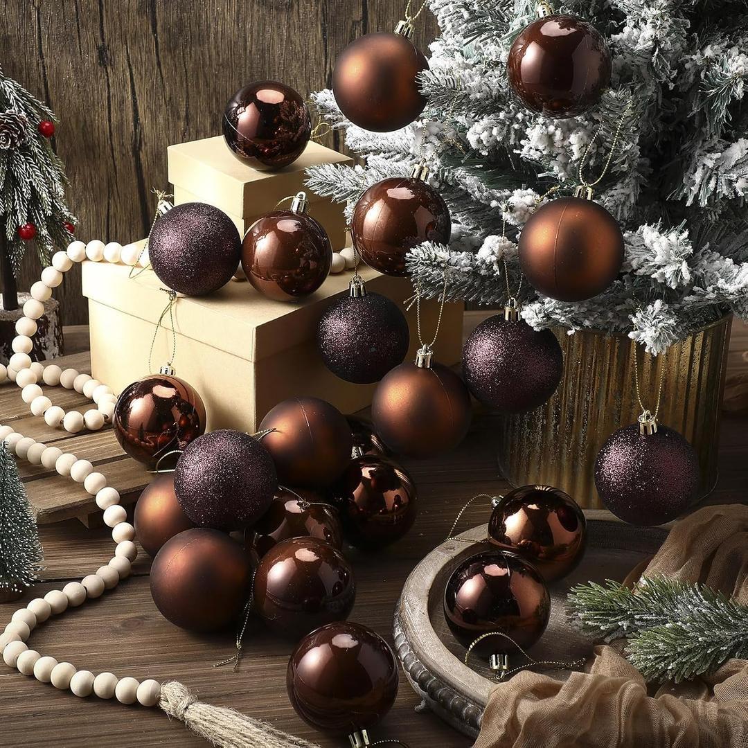 24 Pcs Brown Christmas Ball Ornaments 2.4 Inch Glitter Matte Shiny Chocolate Xmas Baubles Rustic Neutral Farmhouse Xmas Tree Hanging Decorations Modern Christmas Home Decor for Tree Holiday