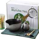 Japanese Matcha Set 7pcs - Ceramic Bowl & Hyaku Hon Tachi Bamboo Whisk (Chasen), Chashaku Spoon, Strainer, Cloth - Traditional Tea Ceremony Kit