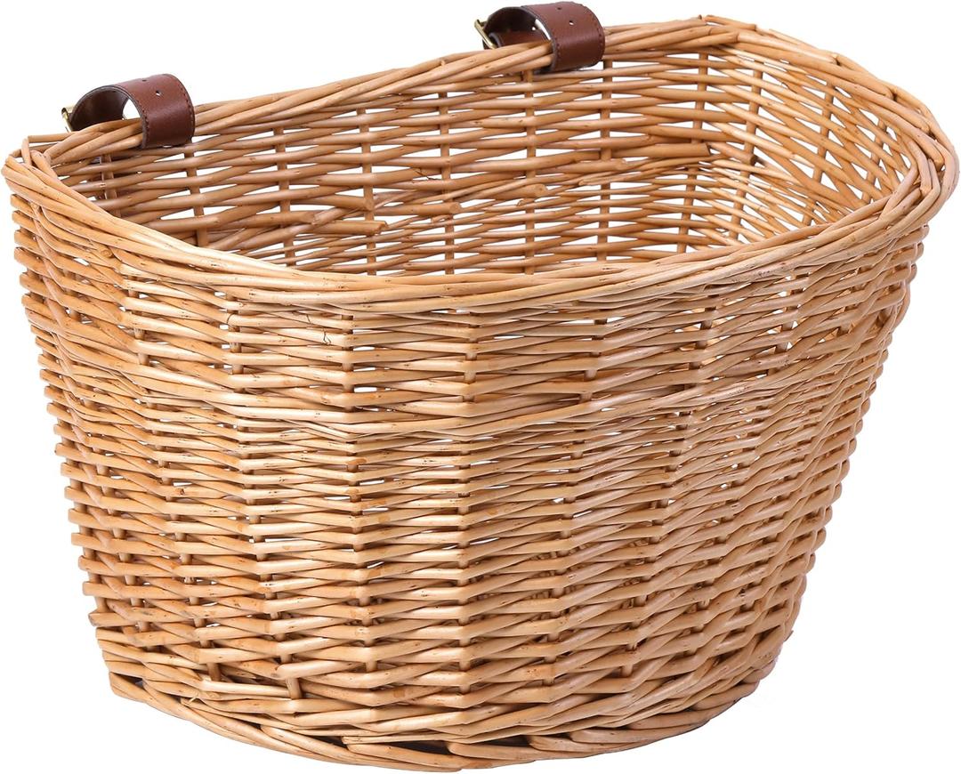 Wicker Front Cargo Bike Basket - Perfect for Riders of All Ages and Genders - for Beach Cruiser, Stationary Bike, E-Bike, or Road Bike with Stylish Faux Leather Straps