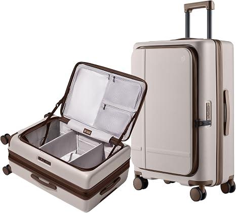 NINETYGO Medium Checked Luggage 25 Inch, Flat Top Opening Check In Luggage with Cup Holder, Expandable, Coffee-Infused PC Hard Shell, Eco-Friendly, TSA Lock, 360¬∞ Spinner Wheels (Flat White)