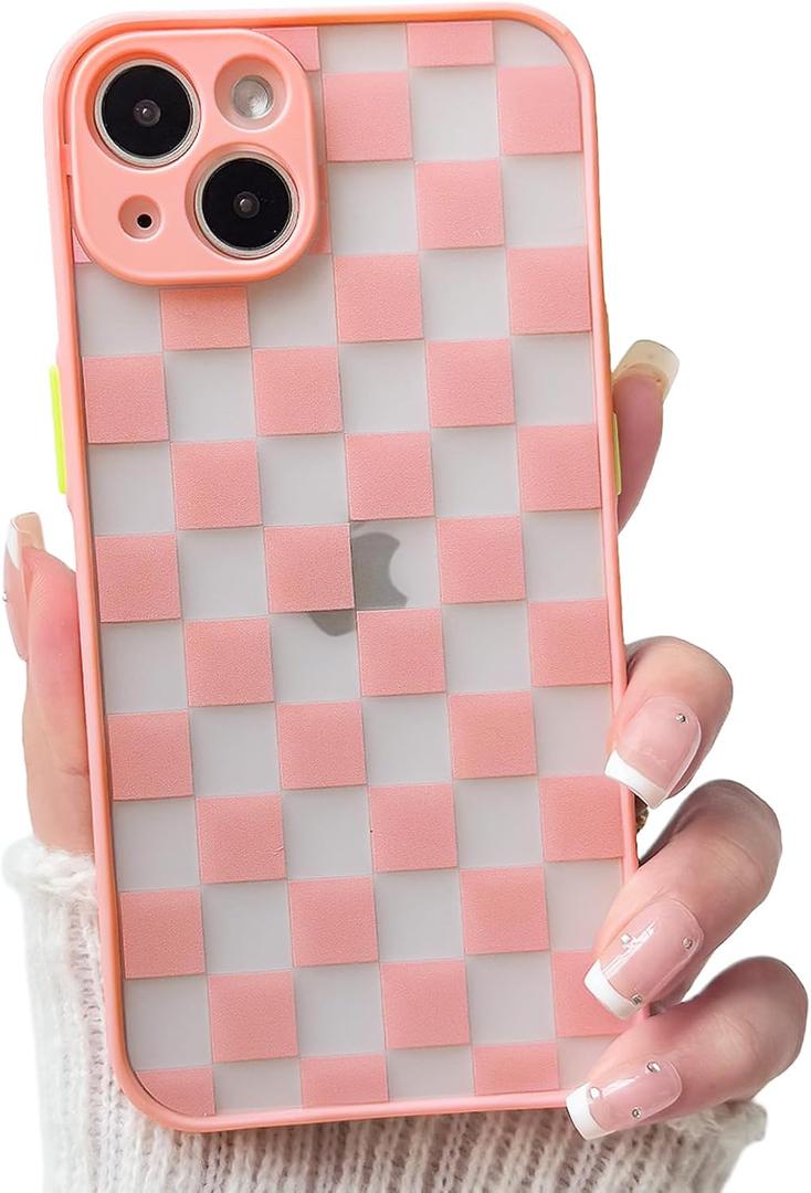 NITITOP Compatible with iPhone 14 Case Matte Aesthetic Checkerboard Checkered Pattern for Women Girls Men Full Camera Lens Clear Slim Hard Back Shockproof Protective Phone Cover - Pink