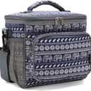 FlowFly Insulated Reusable Lunch Bag Adult Large Lunch Box for Women and Men with Adjustable Shoulder Strap,Front Zipper Pocket and Dual Large Mesh Side Pockets,Elephant