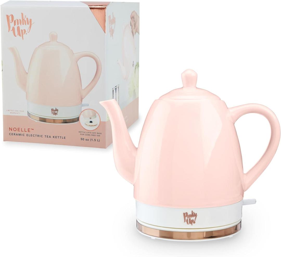 Pinky Up Noelle 1.5 L Pink Electric Ceramic Kettle with Gooseneck, Cute Water Boiler for Hot Teas and Pour Over Coffee, Blush with Rose Gold
