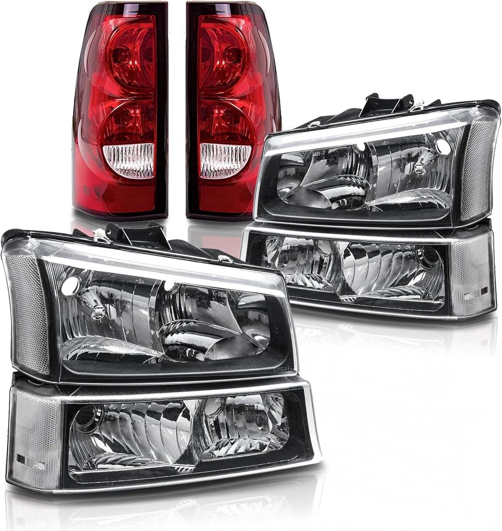 Headlight Assembly w/Tail Lights Set compatible with 2003 2004 2005 2006 Chevy Silverado 1500 2500 3500,Black Housing Headlamp w/Red Taillights Rear Brake Lamp Headlight Assembly w/Tail Lights Set compatible with 2003 2004 2005 2006 Chevy Silverado 1500 2500 3500,Black Housing Headlamp w/Red Taillights Rear Brake Lamp