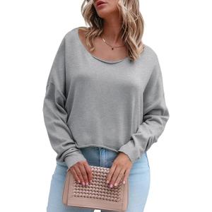 Women's Long Sleeve Boat Neck Sweatshirts Basic Relaxed Fit Pullover Tops with Raw Edge (1-Gray,Small) (Gray, S)