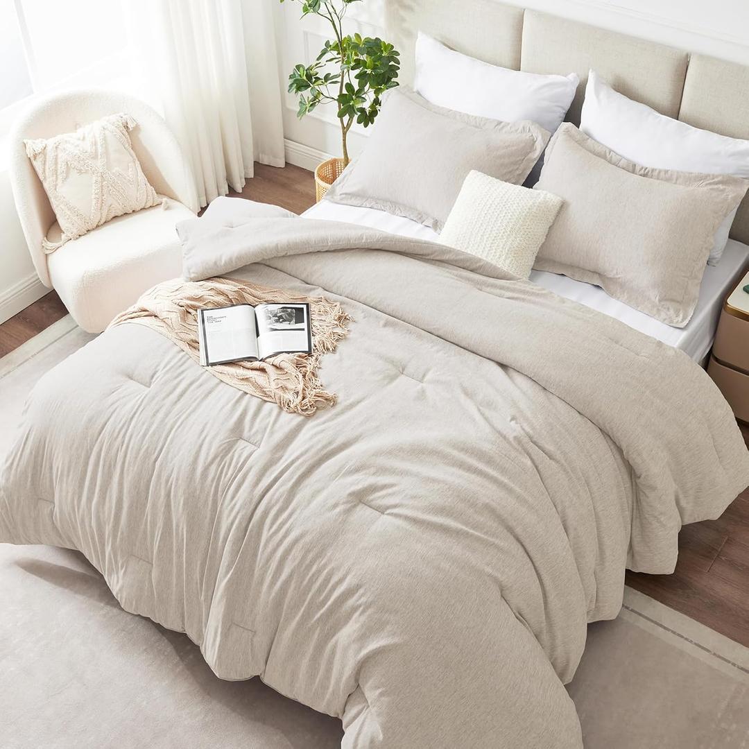 CozyLux Queen Comforter Set, 3 Pieces Heathered Beige Soft Luxury Comforters Queen Size Bedding Sets, Breathable Lightweight Fluffy Bed Set with 1 Comforter and 2 Pillow Shams for All Seasons