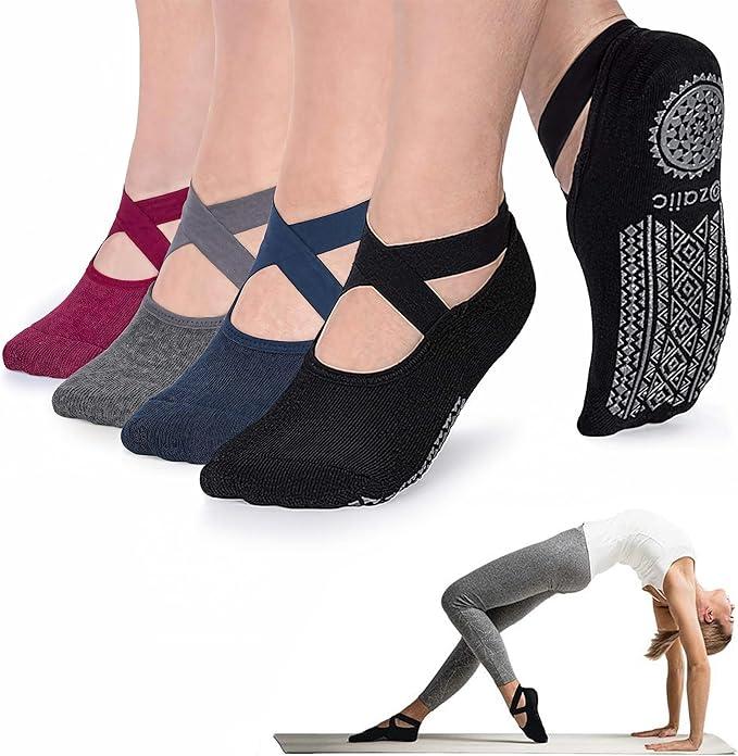 Ozaiic Pilates Socks for Women Non Slip Grip, Yoga Socks with Grippers for Barre, Hospital, Ballet, Dance, Barefoot Workout 4 Pack