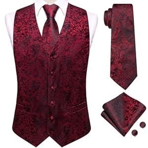 Dubulle Black Red Suit Vest Tie Set Mens Paisley Floral Silk V-neck Waistcoats for Men with Necktie Wedding Tuxedo, XL