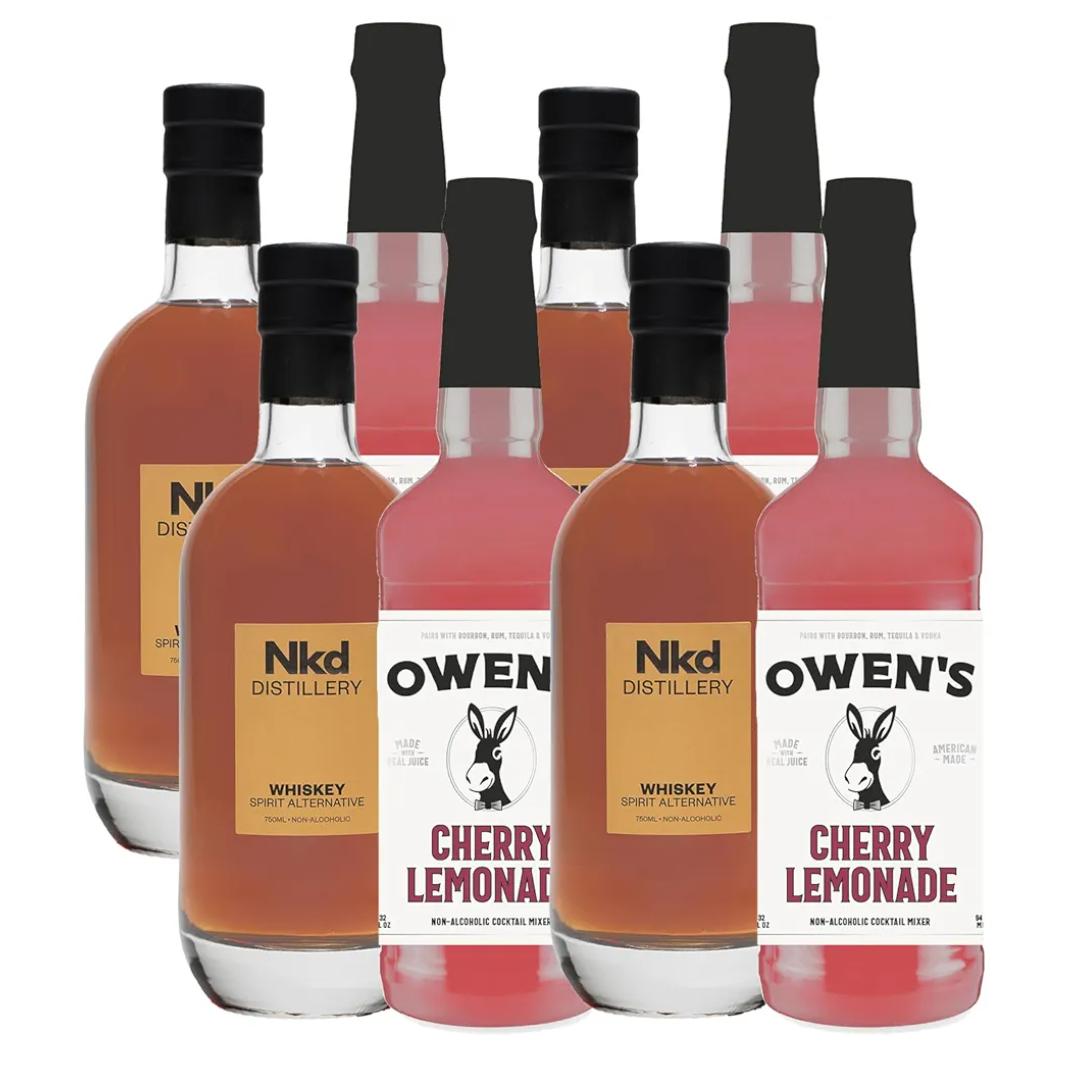 ChromaCast, Nkd Distillery Whiskey Alternative Premium Non-Alcoholic Spirit 750 ML Bottles w Owen’s Mixers Cherry Lemonade 32 OZ Bottles - Perfect for Mocktails - Made in USA