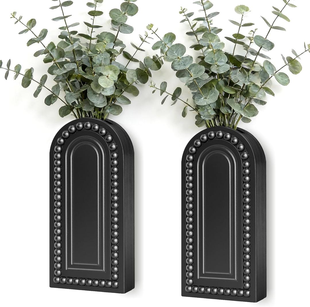 2 Pack Wooden Wall Vase Set with Bead, Modern Farmhouse Boho Wall Decor for Living Room, Entryway, Hallway, Bathroom, Dining Room, Black Wall Art for Home Decoration