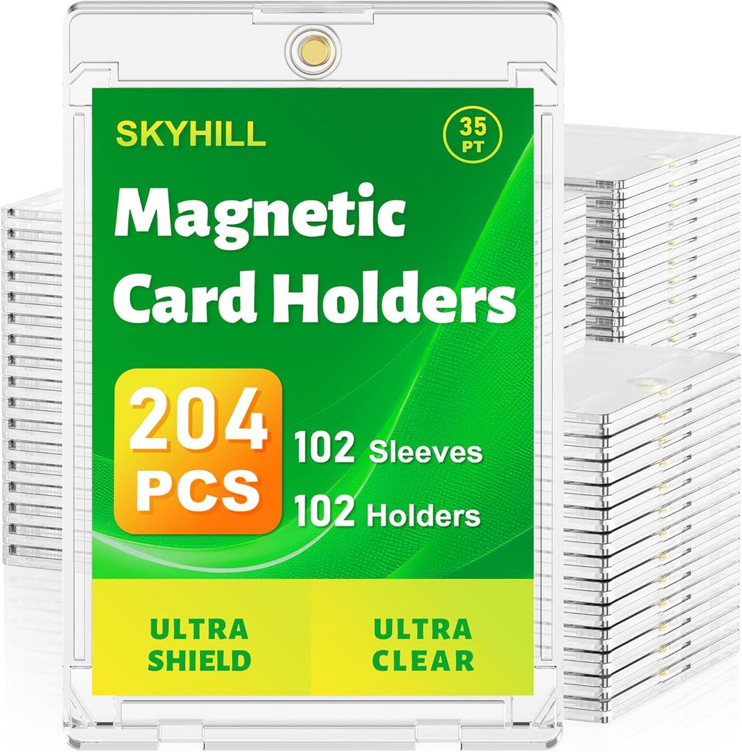 Skyhill 102ct Magnetic Card Holders, 35pt Acrylic One Touch Card Holder with Extra 102 Protective Sleeves, U-V Protection& Waterproof Hard Plastic Card Protectors for Trading Cards, Sports, Game Cards