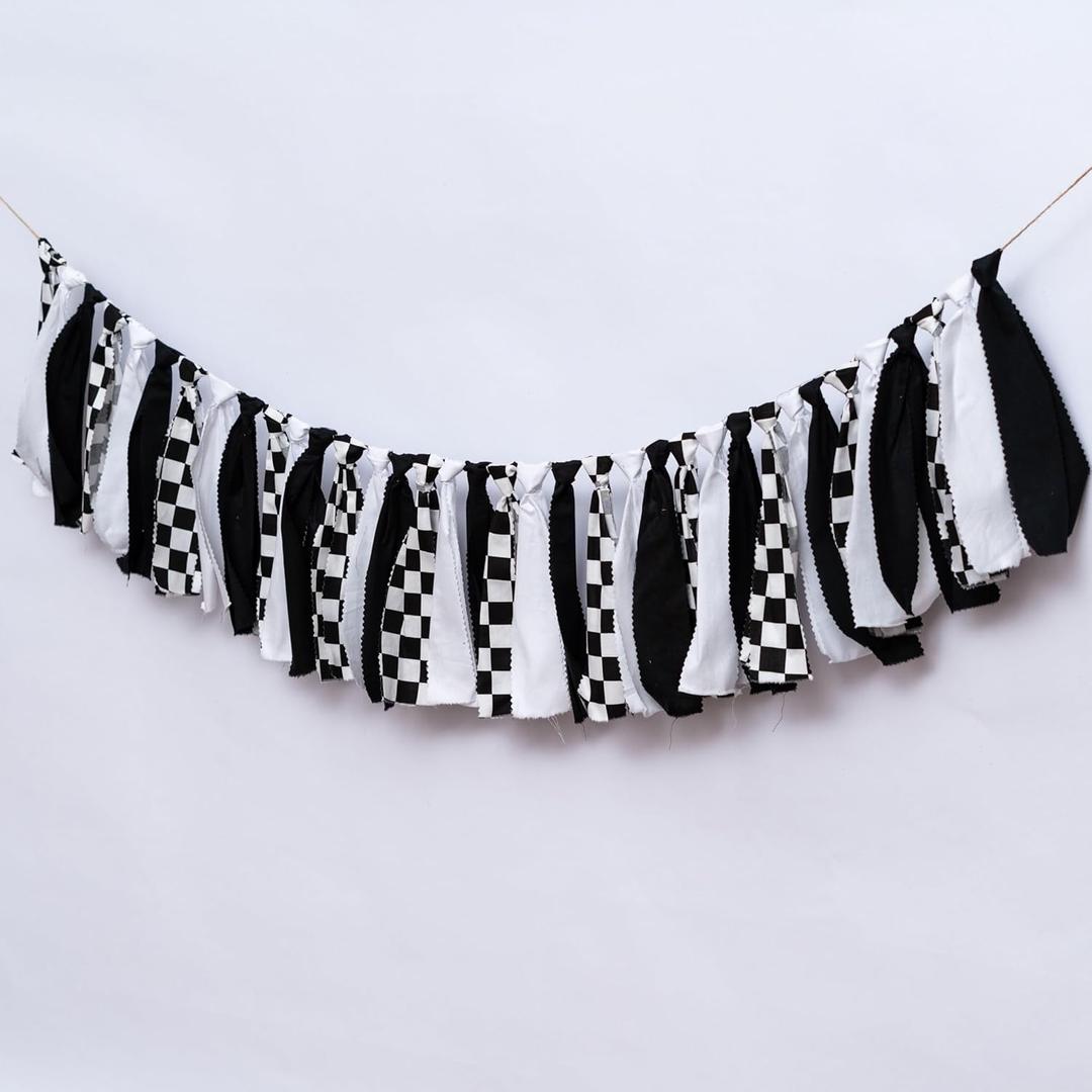 Black and White Checkered Fabric Banner 80in Racing Car Themed Bunting Garland,Birthday Party, Baby Shower, Photo Booth Backdrop Pennant Decoration for Race Car Party Supplies
