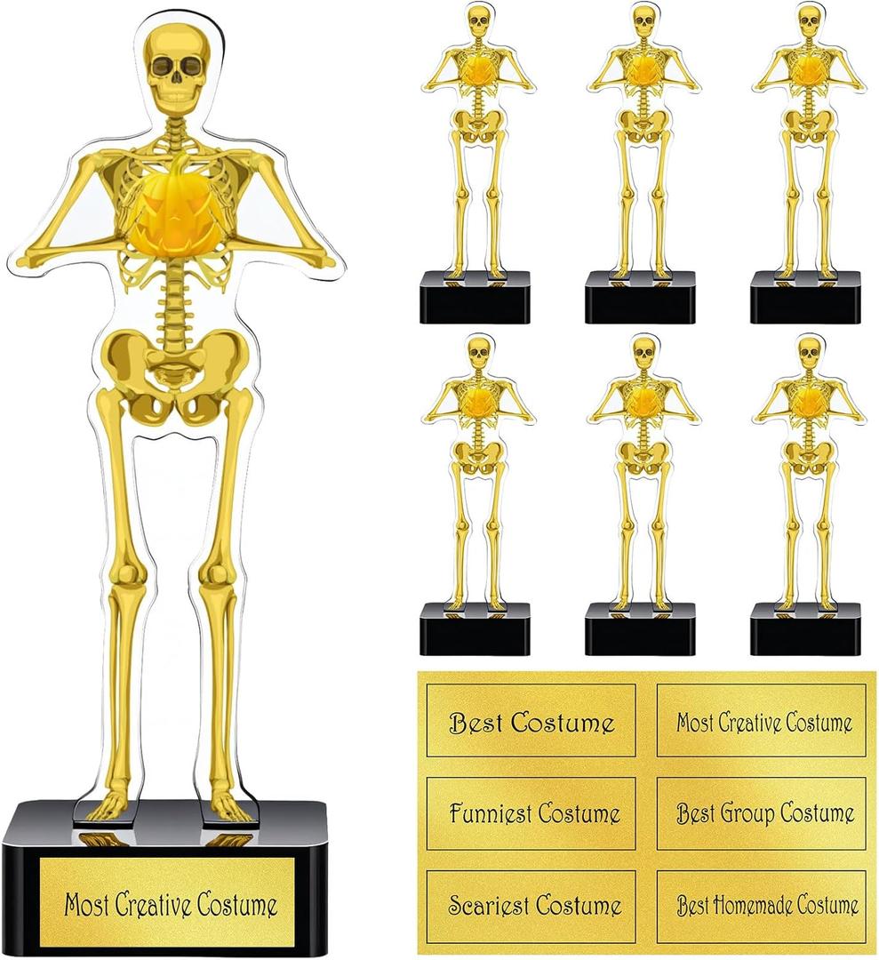 Thyle 6 Pcs Halloween Trophies Halloween Costume Contest Awards 5.9'' Best Costume Skeleton Trophies Acrylic Award Skeleton Trophy Award Funny Contest Skull Trophy for Halloweens Party Supplies