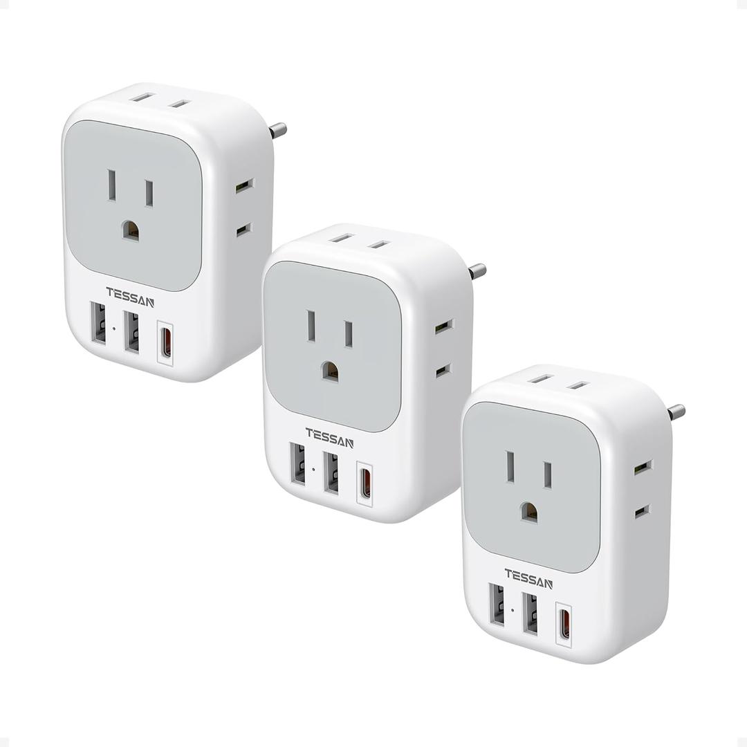 TESSAN European Travel Plug Adapter USB C 3 Pack, PD 20W US to Europe Plug Adapter with 4 AC Outlets 3 USB Ports, Type C Power Adaptor for USA to EU Euro Spain France Iceland Italy Germany Greece