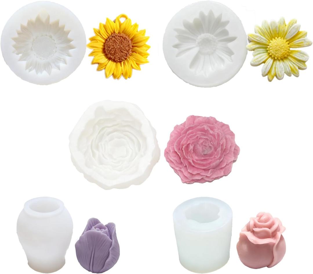 5PCS Flower Molds Silicone, Candle Molds for Candle Making Modeling Clay Peony Rose Tulip Daisy Sunflower Moldes para Velas for Wax, Soap, Resin Craft, Ice Block, Cake, Chocolate