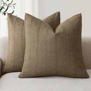 Foindtower Set of 2 Decorative Linen Check Throw Pillow Covers Neutral Farmhouse Vintage Cushion Covers Modern Boho Home Decor for Sofa Chair Couch Bedroom Living Room Outdoor,2222 Inch,Light Brown
