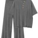 PRETTYGARDEN 2 Piece Lounge Sets for Women Summer 2025 Short Sleeve Tops Wide Leg Pants Matching Travel Outfits Clothing (Grey,X-Small)