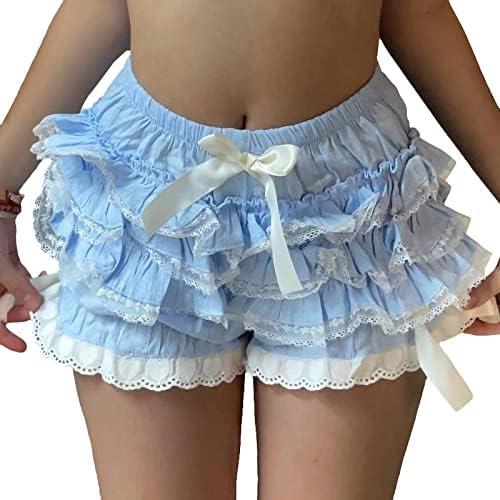 Women Lace Ruffle Bloomer Shorts Low Waist Layered Mini Shorts Frilly Ruched Mesh Pettipants Pajama Bottom S