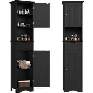 ChooChoo 67" Tall Bathroom Storage Cabinet, Narrow Bathroom Cabinet with 2 Doors and 1 Drawers, Freestanding Cupboard Floor Cabinet with Adjustable Shelves for Living Room, Kitchen, Black, 15.7"W 11.8"D 67"H