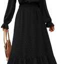 PRETTYGARDEN Women's Fall Maxi Dress 2024 V Neck Button Long Sleeve Swiss Dot High Waist Tiered Smocked Flowy Long Dresses (X-Large, Black)