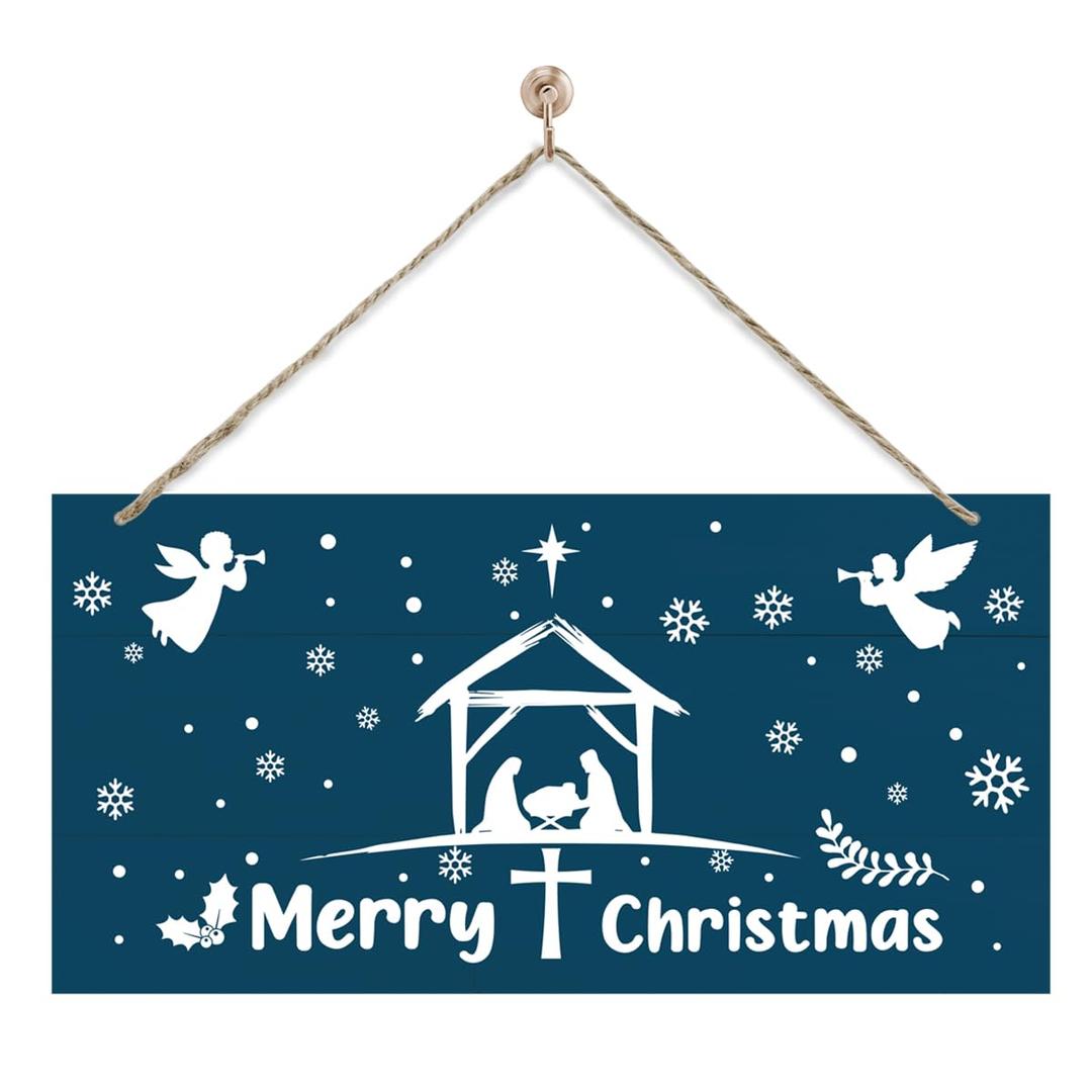 Merry Christmas Wooden Sign, Nativity Scene with Angels, Religious Christmas Wall Hanging Decoration for Indoor Outdoor Holiday Home Living Room Bedroom 7x14 Inches
