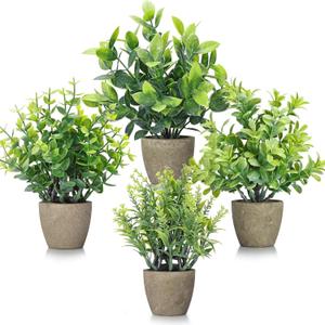 4 Pack Fake Plants Ceramic Mini Artificial Greenery Potted Plants for Home Decor Office Decor Room Decor Farmhouse Decor Indoor Table Bathroom Decor (Grey)