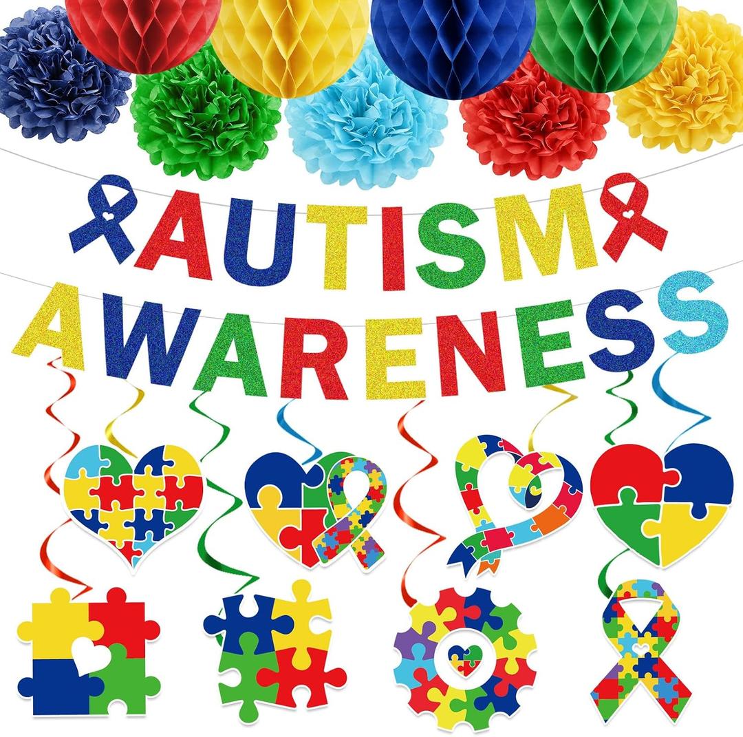 Autism Awareness Month Party Decorations Autism Awareness Puzzle Piece Glitter Banners Hanging Swirls Paper Pom Poms Honeycomb for April Love Needs No Word Themed Decor Supplies