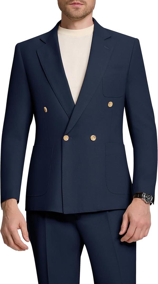 Autrl Men's 2 Piece Suits Double Breasted Tuxedos Men Knit Suit Mens Lightweight Wedding Dress Suit Navy Blue Formal Jacket Pants L