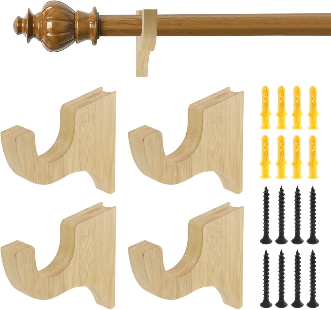 Antrader Wooden Curtain Rod Brackets,Curtain Rod Holder for 2" Pole,Single Bracket for Bathroom/Bedroom/Livingroom,4Pcs,Wood Color