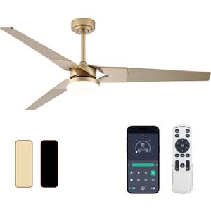 Ceiling Fan with Lights and Remote, 3 Blade App Control Timer Reversible Stepless Brightness and Color Temperature Outdoor Wood Ceiling Fan with Lights (Gold, 60 I)