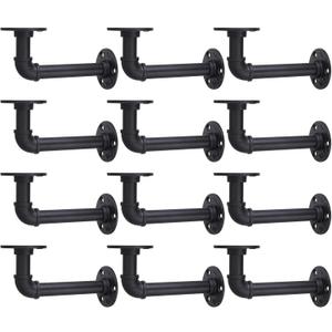 MUZIK Shelf Brackets, 12 Pack Industrial Pipe Floating Shelf Bracket, Heavy Duty Wall Mount Shelf Brackets & Supports, Vintage Black Iron Finish DIY Pipe Brackets for Shelves (7*4 Inch)